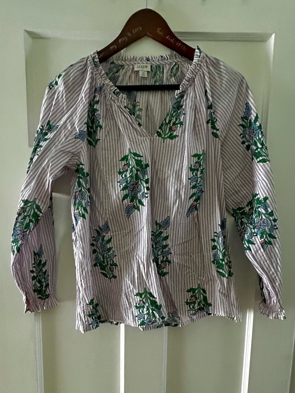 J. Crew Lavender-Striped Blouse with Green Floral Print